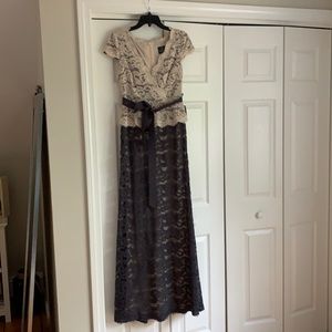 Adrianna Papell Bicolor Lace Wrap Peplum Gown